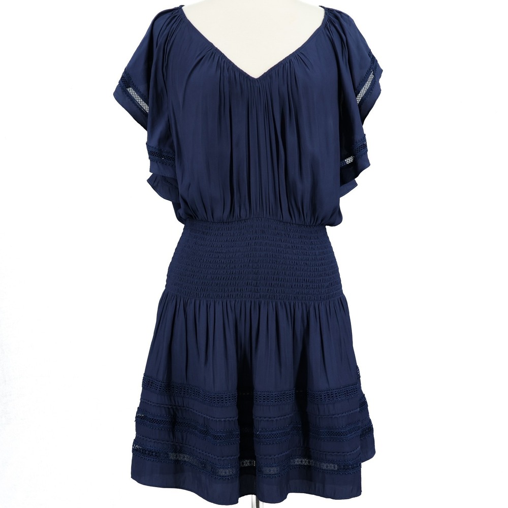 Ramy Brook Dress Womens M Smocked Waist Ruffle Lace Hem Drape Pleated Blue Prep